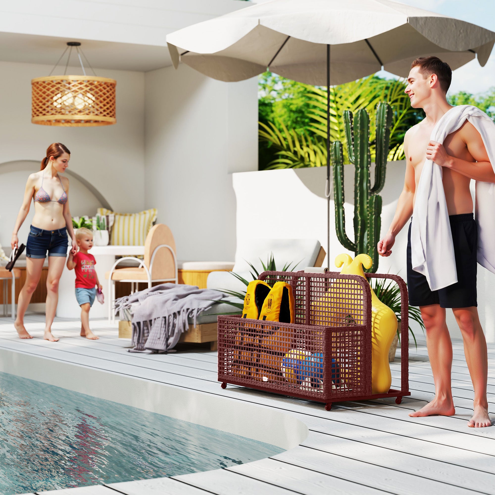 Rattan Pool Float Storage Organizer With Wheels, Mixed Brown