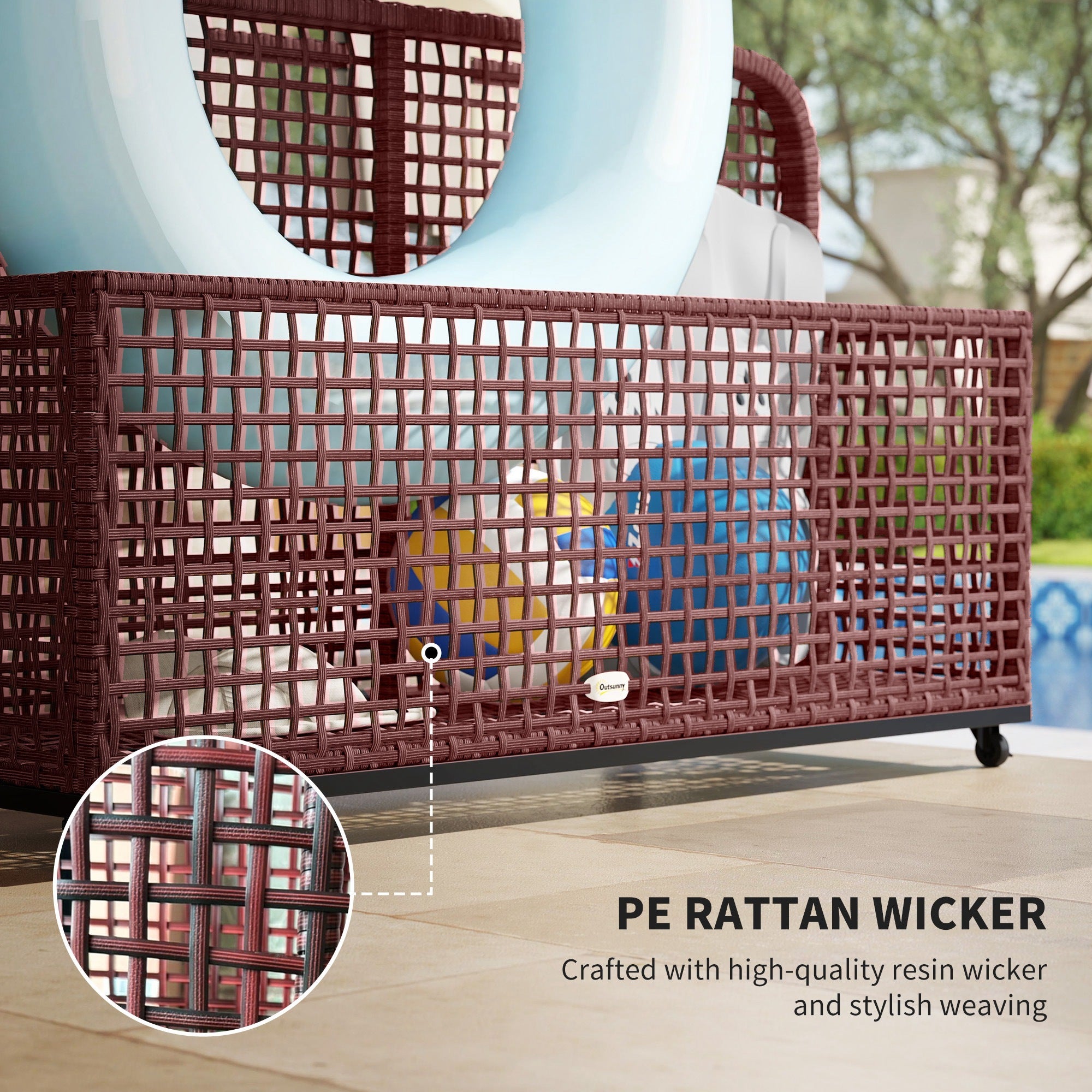Rattan Pool Float Storage Organizer With Wheels, Mixed Brown